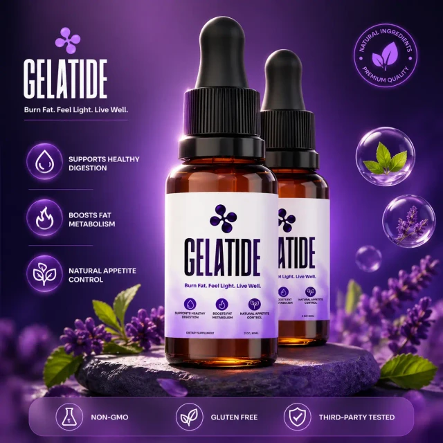 Gelatide liquid drops bottle on lavender background